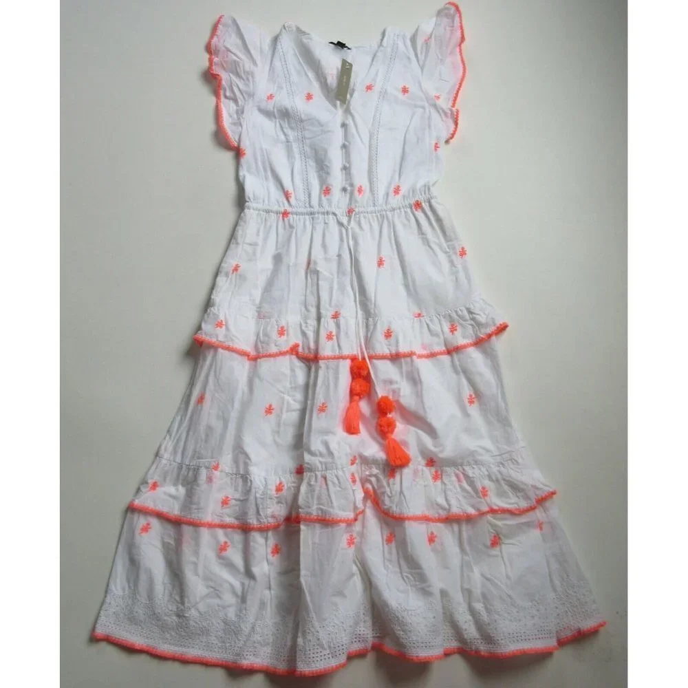 NWT J.Crew Embroidered Midi in White Cotton Voile Tiered Dress 10 $158